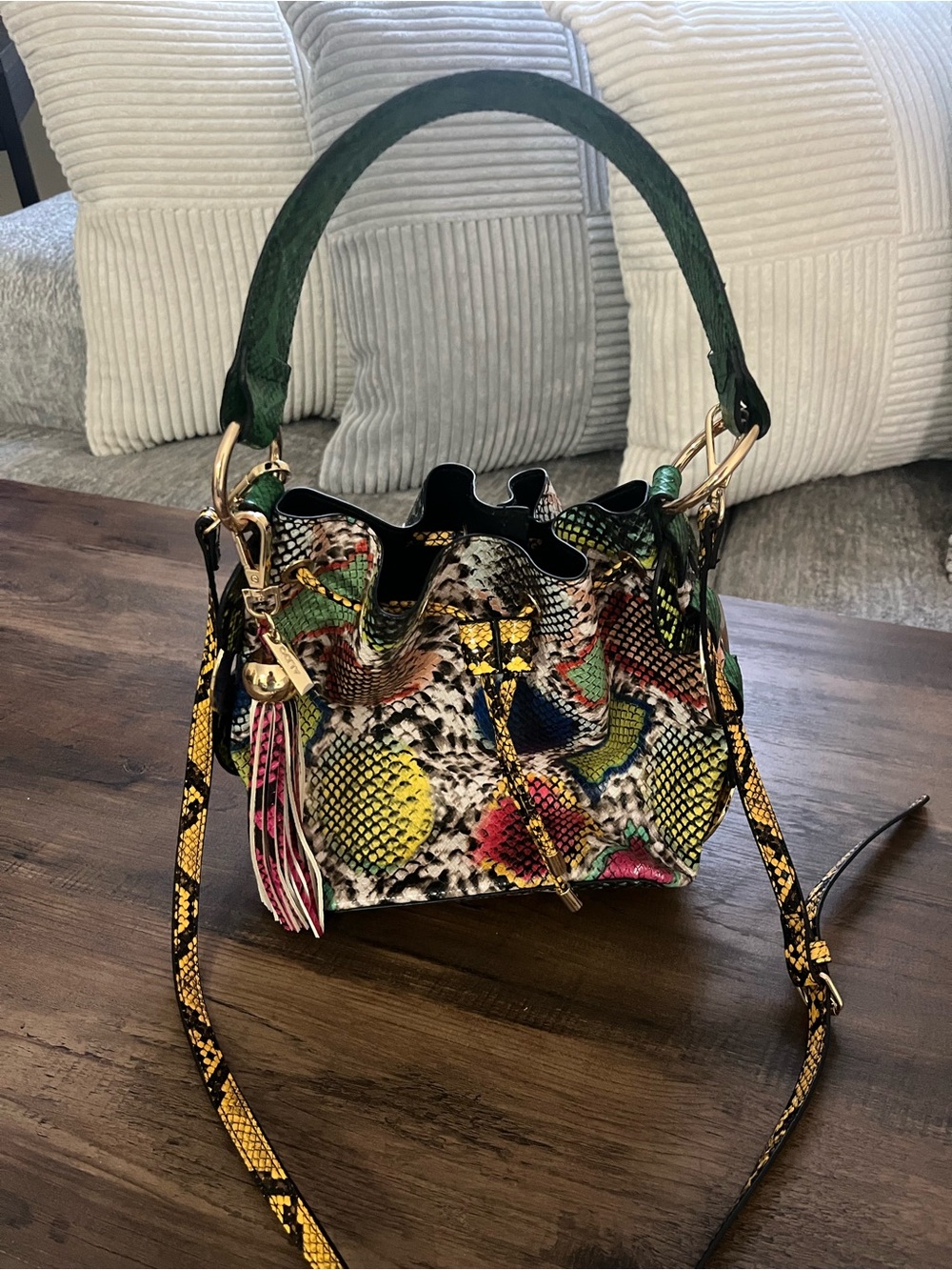 Aldo Multicolor Snakeskin-Effect Mini Bucket Bag with Green Handle
